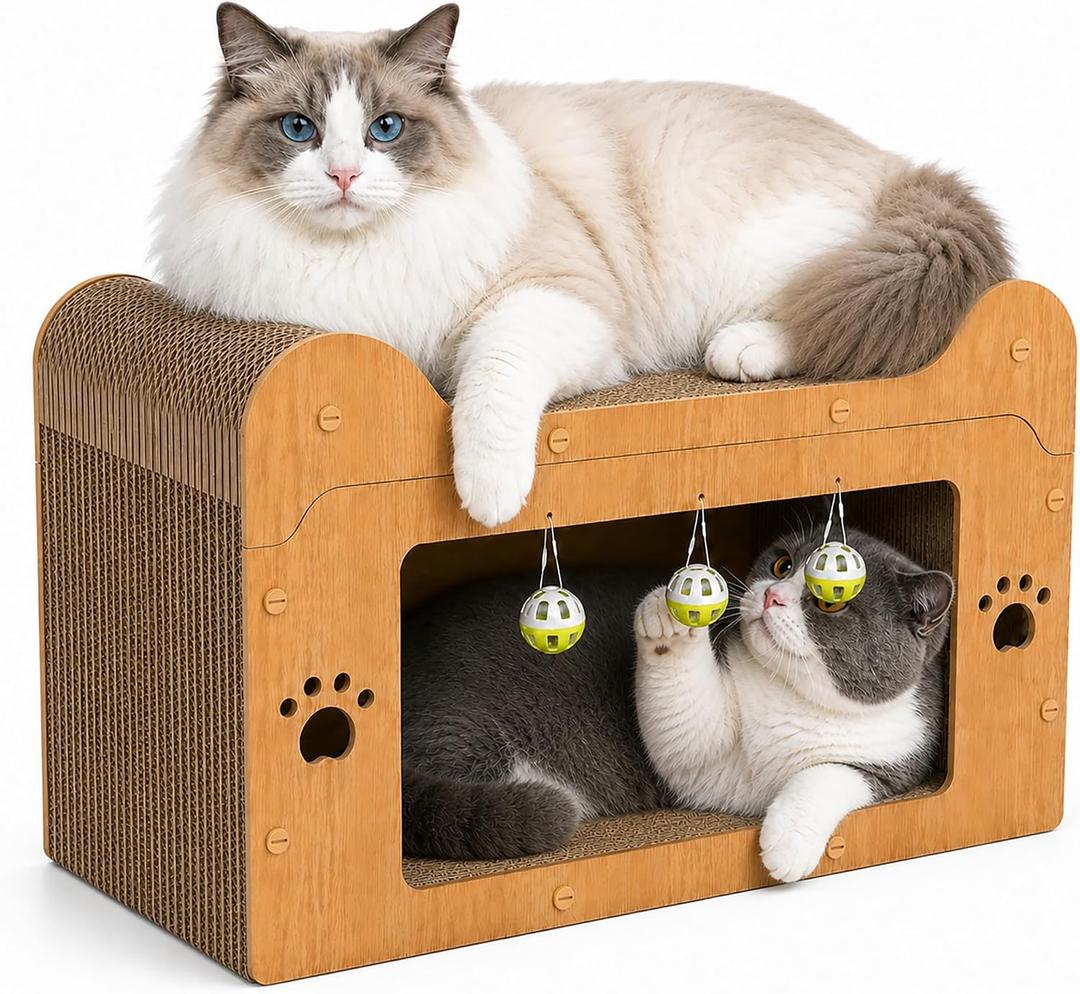Large Retro TV Cat Scratcher House | Cardboard Cat Condo with Deep Walnut Finish | 2-in-1 Cat Hideaway & Scratching Lounge | Sturdy Reinforced Frame (Oak Wood, 23.22 x 14.96 x 11.02 inches)
