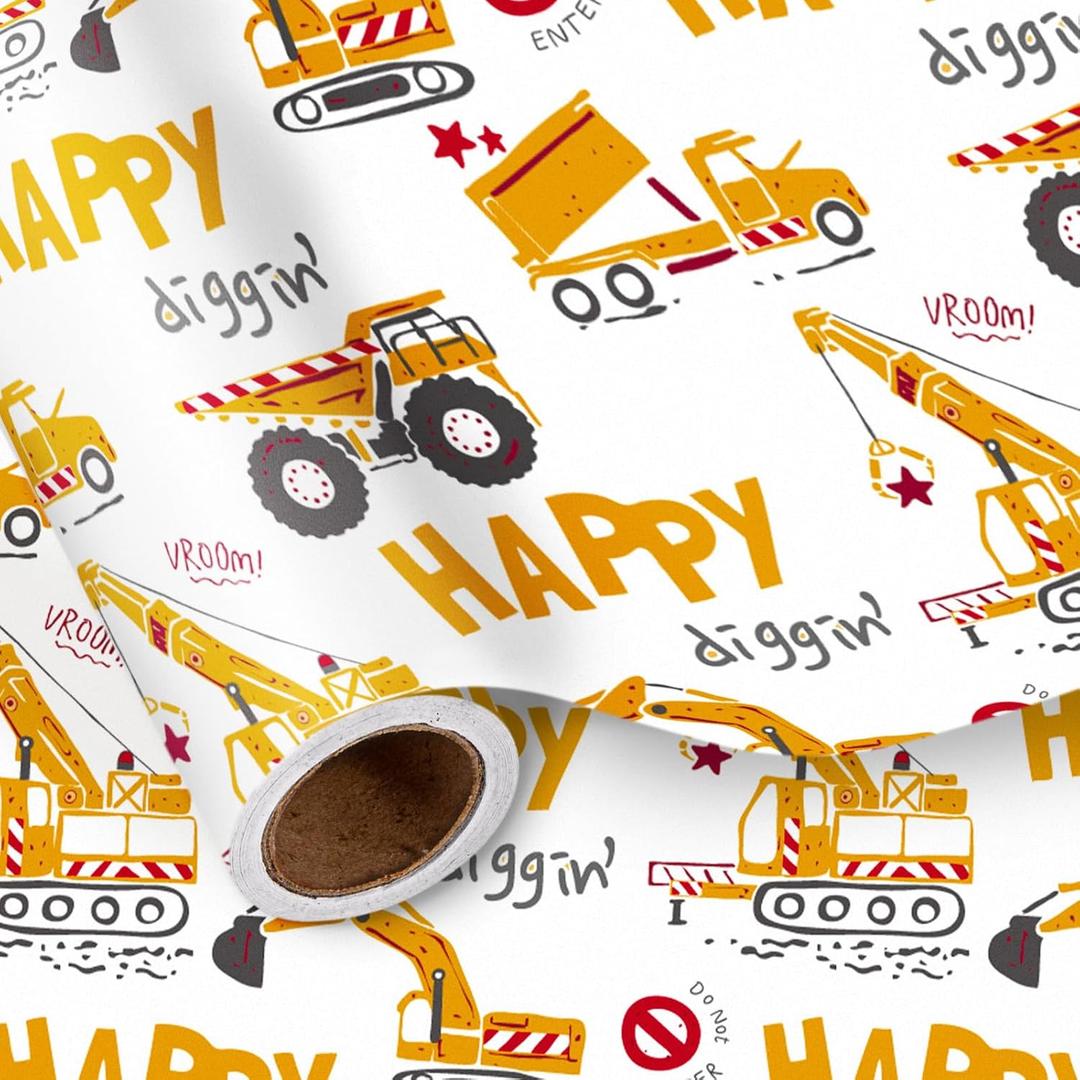LeZakaa Kids Wrapping Paper Roll  Construction Truck & Excavator Theme with Happy Diggin Design  Mini Roll 17 in x 16.4 Ft Gift Wrap for Boys Birthday, Party, Baby Shower