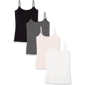 Amazon Essentials Women's Slim-Fit Camisole, Pack of 4, Black/Pale Pink/Stripe/White, Large