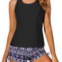 Yonique 3 Piece Tankini Swimsuits for Women Swim Tank Top Bathing Suits with Boy Shorts and Bra Athletic Swimwear (X-Small, Black & Geometric)