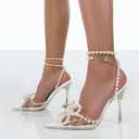 YIYA Women's Pointed Toe Clear Heels Sandals with Strappy Pearls Ankle Strap Sexy Rhinestone Bow Heels Stiletto High Heel Wedding Party Pumps Shoes