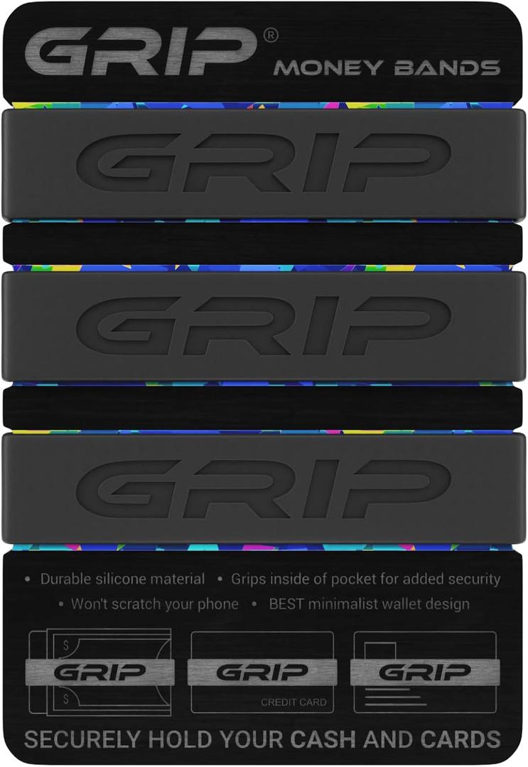 Grip Money Bands (Pack of 3) - BLACK - Premium Silicone Band for Cash & Cards - Slim & Durable Design