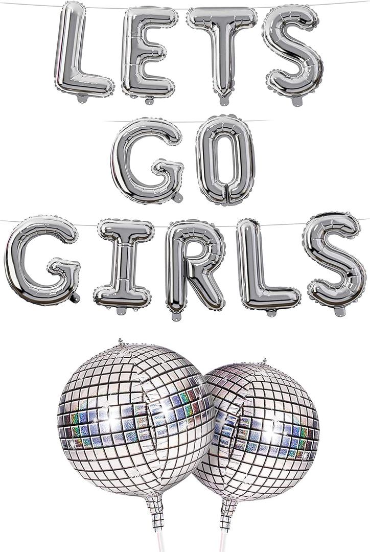 HOUSE OF PARTY Lets Go Girls Foil Balloons 16" Silver Letter Balloons Disco Ball Bachelorette Party Bach Party Decorations
