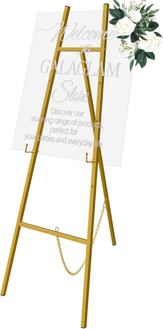 Easel Stand for Signs, 57" Gold Easel Adjustable 4 Tier Floor with Chain Support, Metal Easels for Painting, Display Stand for Wedding Baby Showers Birthday Parties