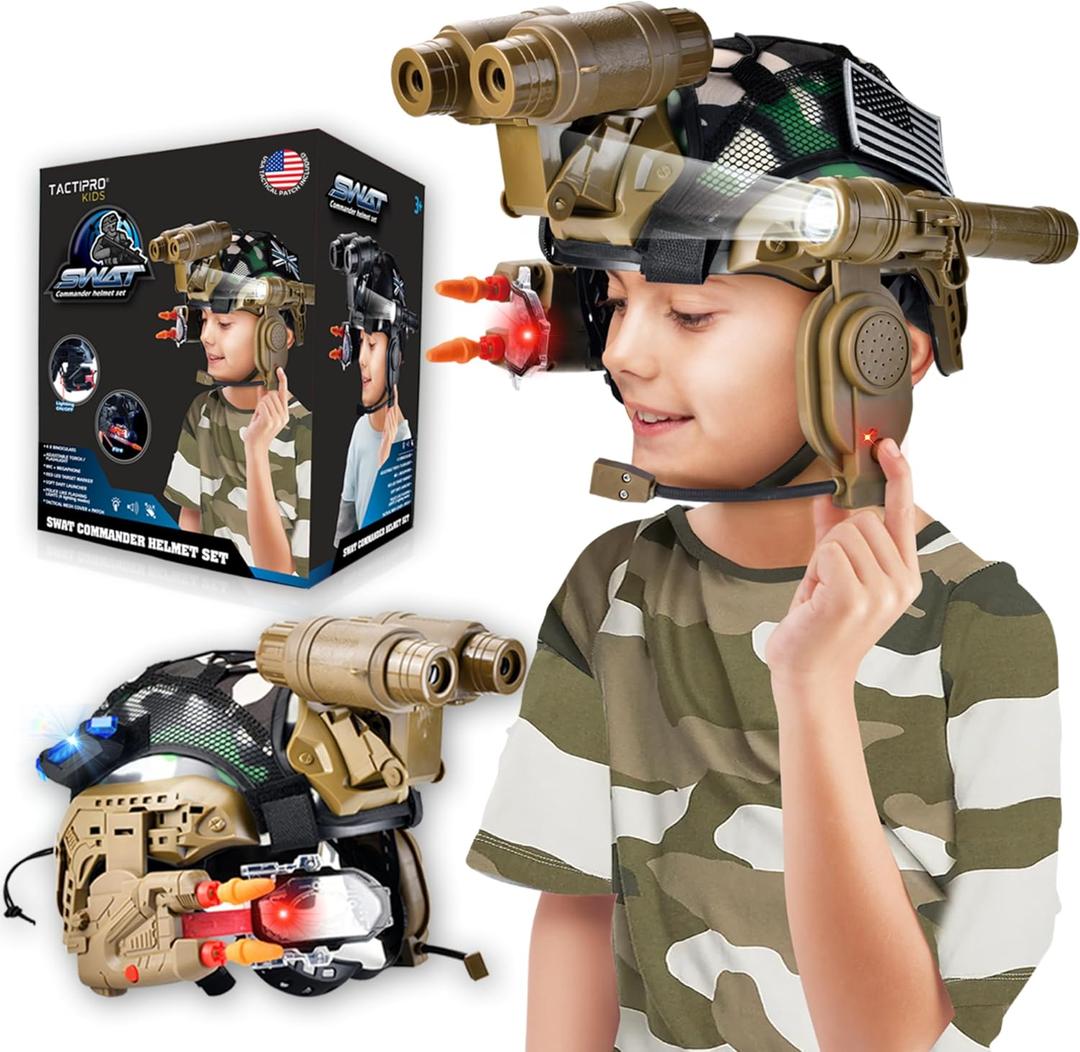 Police kids toy soldier Army SWAT Helmet Commander Set. megaphone led scope, dart toy gun & 4X Binoculars (Camouflage)