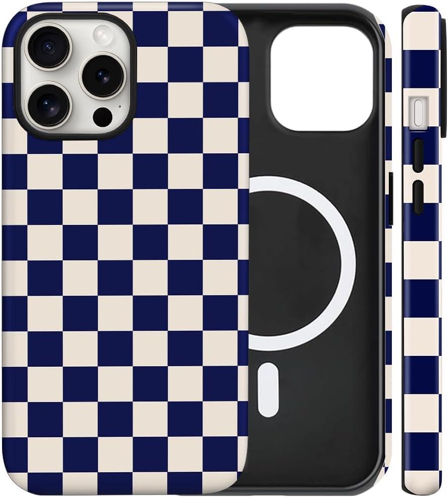 Magnetic for iPhone 16 Pro Case Cute Checkered Phone Case, Deep Blue