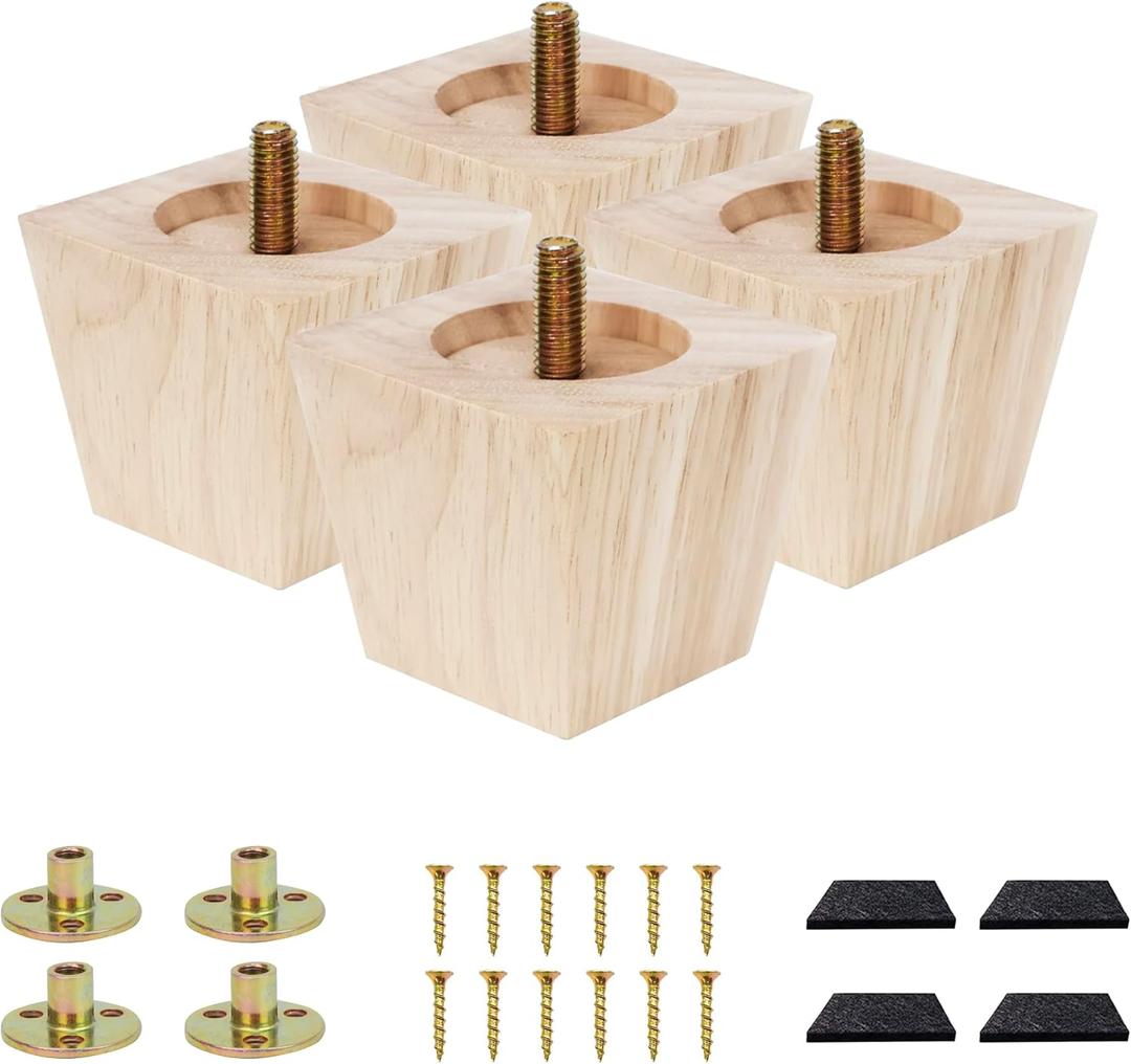 Furniture feet Table Legs Couch Legs Unfinished Square Bed Feet 2 inch Wood Replacement Leg for Furniture Set of 4, Natural (4set, 2in)