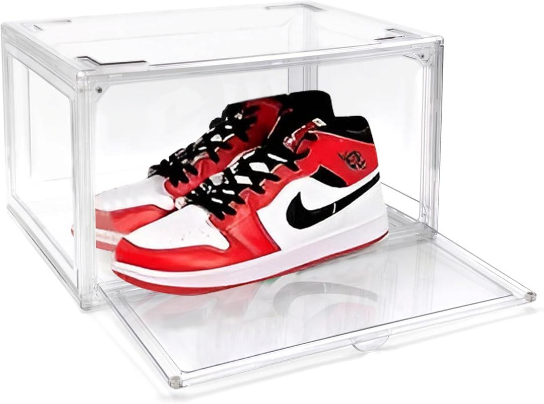 Ultra All Clear Shoe Boxes Plastic Stackable Professional Grade Shoe Display Case with Magnetic Side Drop Door Open Easy Assembly Modern Shoe Sneaker Display Case Fits US Size 14