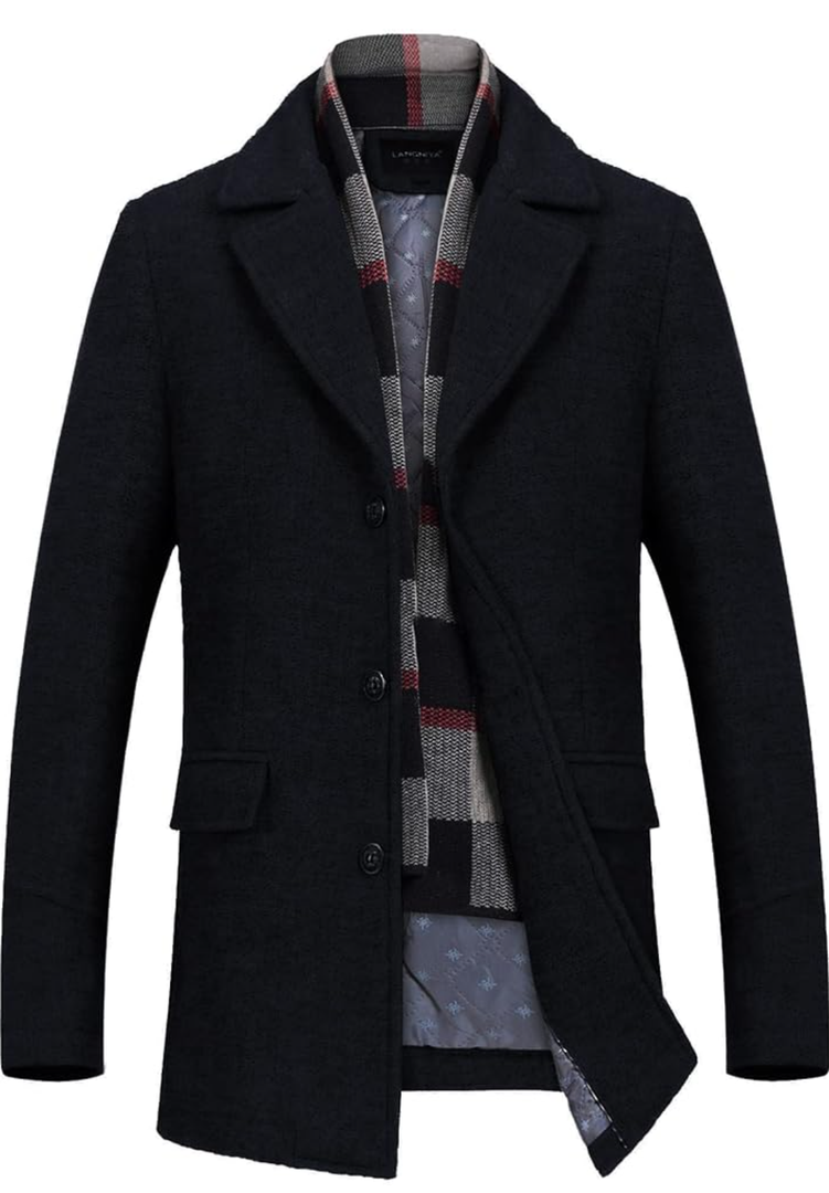 Men's Wool Blend Pea Coat Warm Winter Trench Coat with Detachable Soft Scarf Single Breasted Overcoat