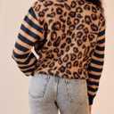 Women's Leopard Striped Cardigan Open Front Color Block Button Down Knit Sweater Fall Cropped Coat (XL)
