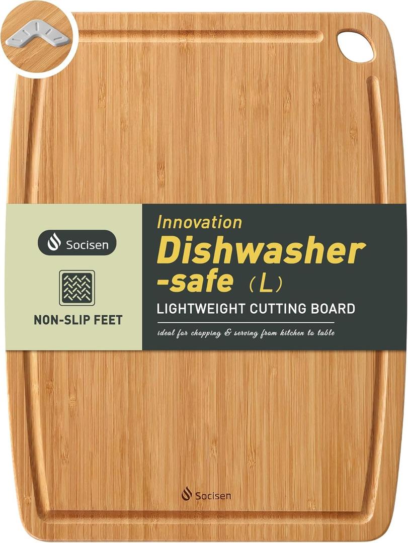 Lightweight Durable Bamboo Cutting Board with Non-Slip Feet, Non Toxic Wooden Cutting Board for Kitchen Heat-Resistant Chopping & Charcuterie Board with Juice Groove Kitchen Essentials for Meat (Carbonized Bamboo(Brown))