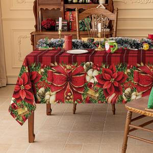 Softalker Christmas Rectangle Tablecloth Red Checkered Flower Xmas Table Cloths, Washable Polyester Fabric Table Covers for Dining, Parties & Holiday Decor(52 x 70 Inch)