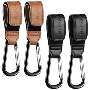 RUVALINO Leather Stroller Hooks for Diaper Bag and Stroller Organizer - Stroller Strap with Large Carabiner Clip for Bags - Accessories for Wheelchair, Shopping and Pet Cart, Black and Brown, 4 Pack RUVALINO Leather Stroller Hooks for Diaper Bag and Stroller Organizer - Stroller Strap with Large Carabiner Clip for Bags - Accessories for Wheelchair, Shopping and Pet Cart, Black and Brown, 4 Pack