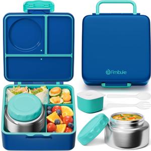 Fimibuke Bento Box for Kids Adult, BPA Free & Leakproof Toddler Lunch Box with 8.5oz Insulated Thermos Food Jar, Utensils & Sauce Jar, Dishwasher Safe 3 or 4 Compartment Container for School Girl Boy (A13. Nautica Blue)