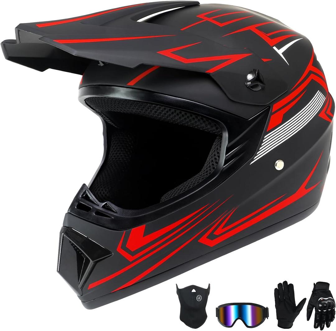 Youth Dirt Bike Helmet,Kids Motocross Full Face Helmets,Mountain Bike BMX MX ATV Girls Motorcycle Helmet for Kids 8-14 with(Goggles,Gloves,Mask) 4-Pcs Set,DOT Approved(Red,M)