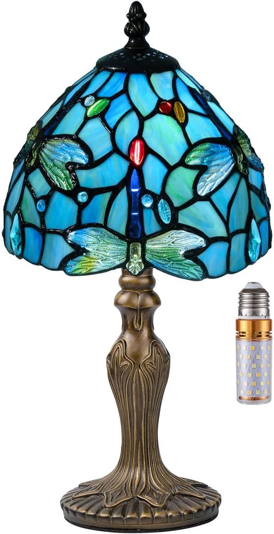 Small Tiffany Table Lamp, 3 Color-Temperature Dragonfly Stained Glass Lamp,8 Inch Tiffany Style Lamp for Bedroom Living Room Home, Handcrafted Light, Included Bulb (Blue)