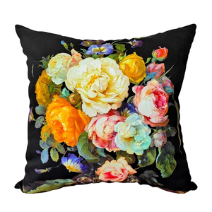Vibrant Multicolor Roses & Violets on Black Throw Pillow Cover, 18x18 Inch Decorative Cushion Case Farmhouse Home Decor for Sofa Living Room Couch Bed
