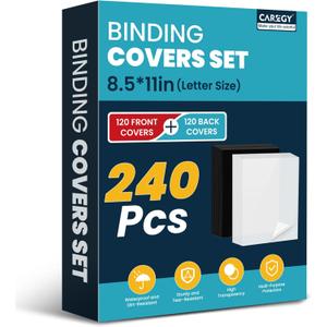 CAREGY 240 Pack Binding Covers and Backs Set 8.5 x 11 Inches, Including 120 Pack 8Mil Clear PVC, 120 Pack 12Mil Sand-Textured Polycovers Letter Size
