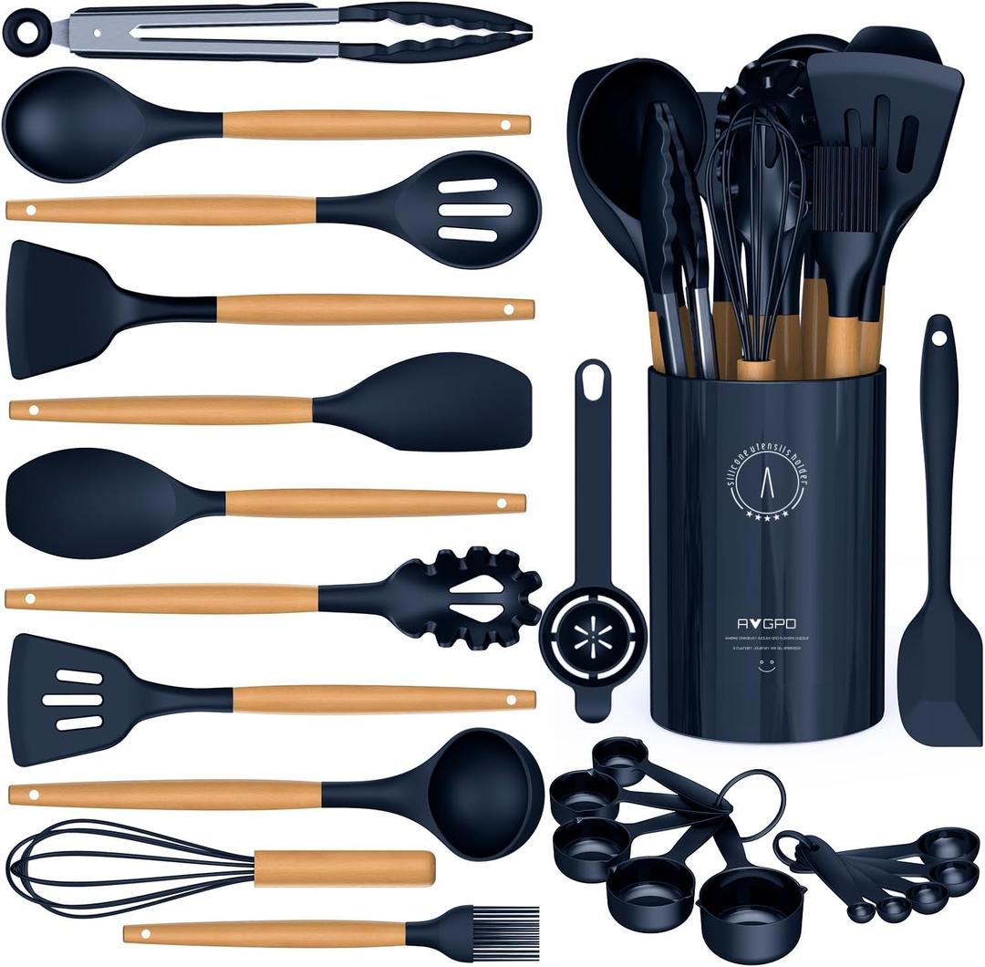 Silicone Cooking Utensils Set - Silicone Kitchen Utensils for Cooking Wooden Handles, 446F Heat Resistant Kitchen Utensil Spatula Sets w Holder, Gadgets for Non-Stick Cookware BPA FREE (Navy Blue)