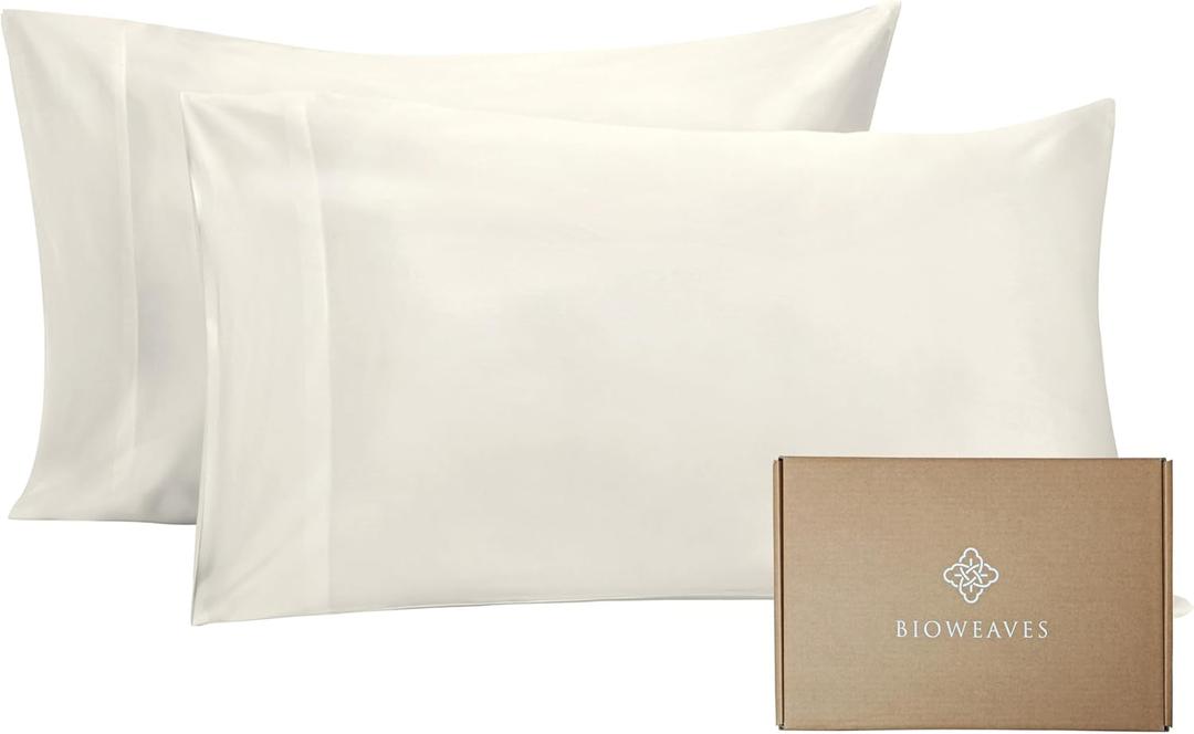 BIOWEAVES 100% Organic Cotton Pillow Cases 300 Thread Count Soft Sateen Weave GOTS Certified  Standard/Queen Size, Set of 2, Natural