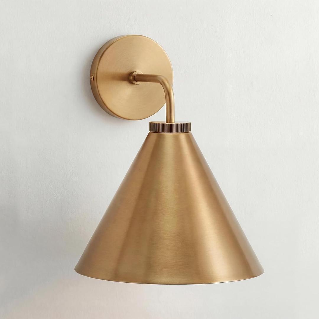 Retro Industrial Metal Cone Sconce Light - Vintage Inspired Modern Brass Wall Sconce with Metal Shade, Wall Mount Lighting for Bedroom, Hallway, Living Room (10.5Dia x 12.5" H Brass), 11 inch