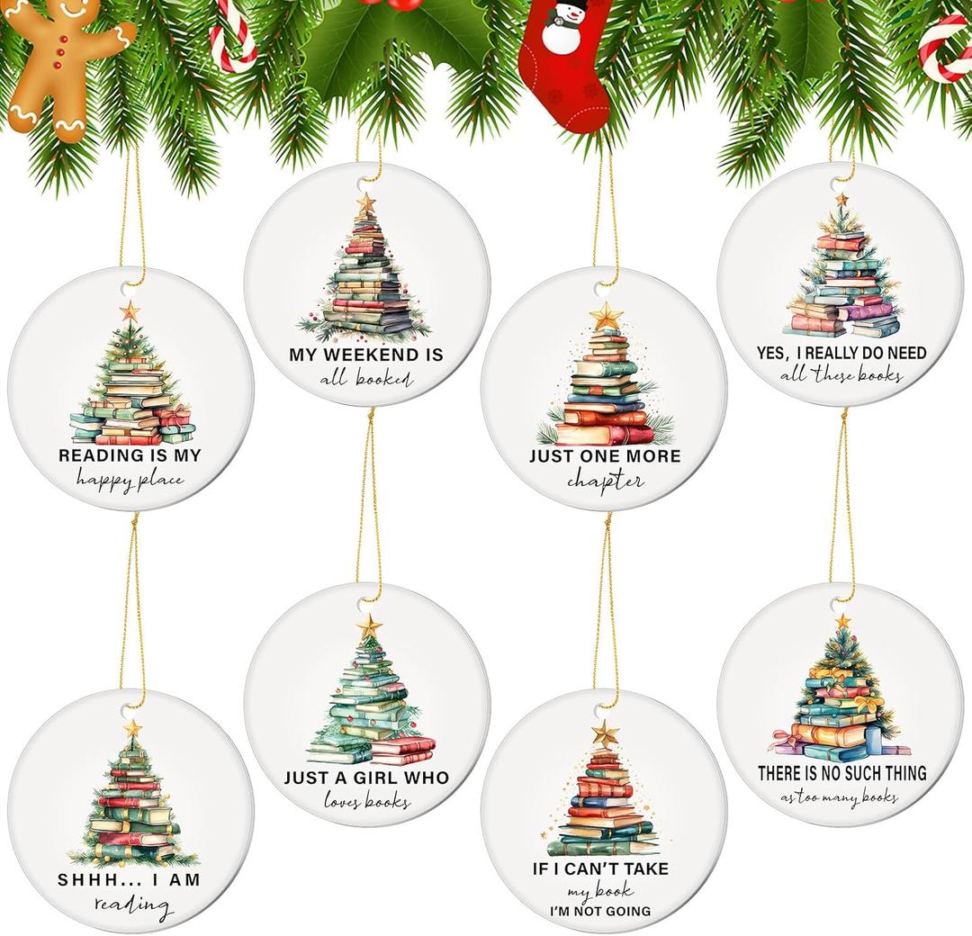Thyle 8 Pcs Ceramic Book Lover Ornaments Book Club Gifts Christmas Tree Ornaments Christmas Tree Hanging Gift for Librarian Bookish Club Gifts(Trees, Circle)