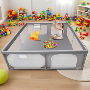 Baby Playpen 79"x79" Extra Large Play Pen for Babies and Toddlers, Safety Baby Play Yard & Fence with Dual Zipper Doors, Dual Storage Mesh Pockets, and Fully Transparent Sides, Grey 