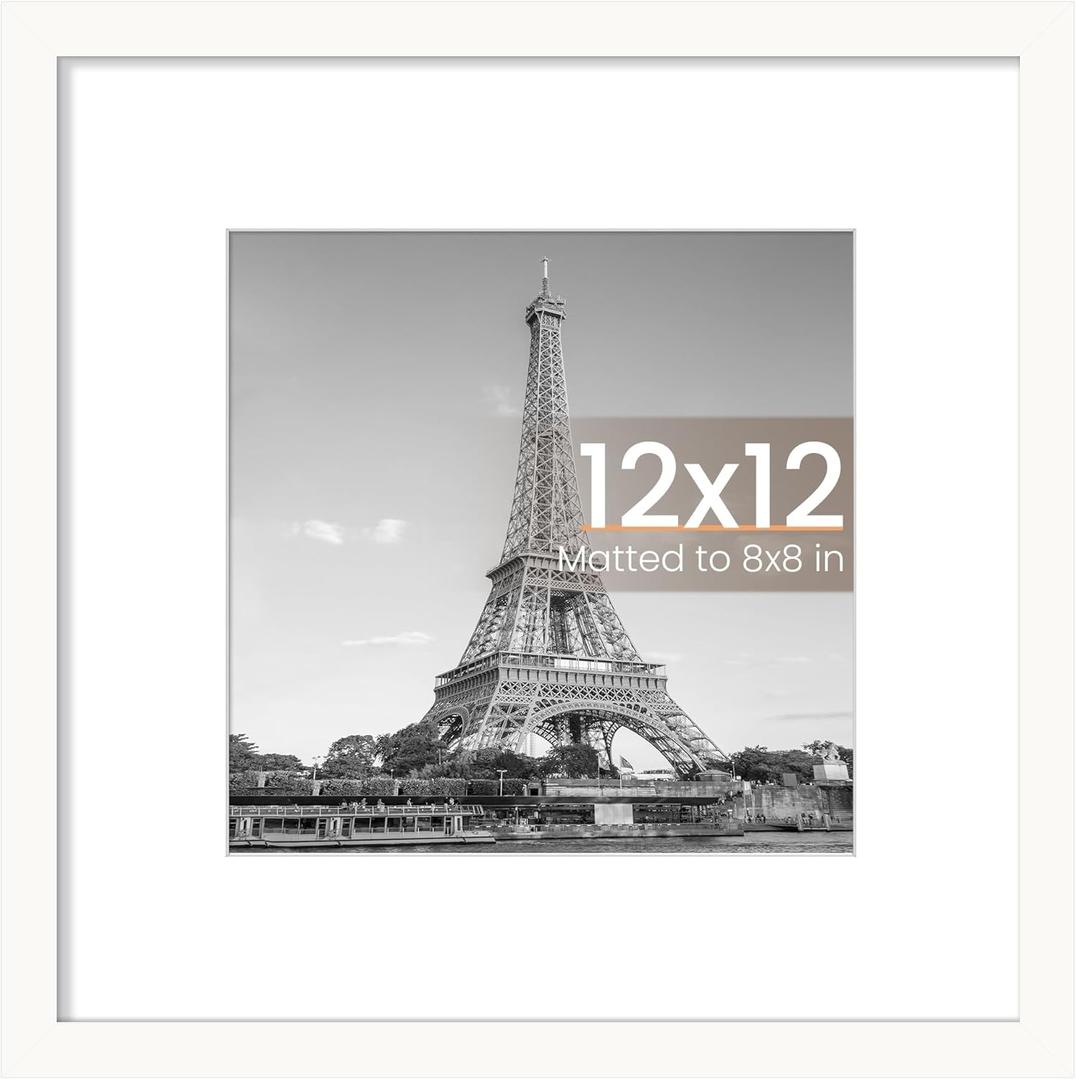 upsimples 12x12 Picture Frame, Display Pictures 8x8 with Mat or 12 x 12 Without, Wall Hanging Square Frames, White, 1 Pack