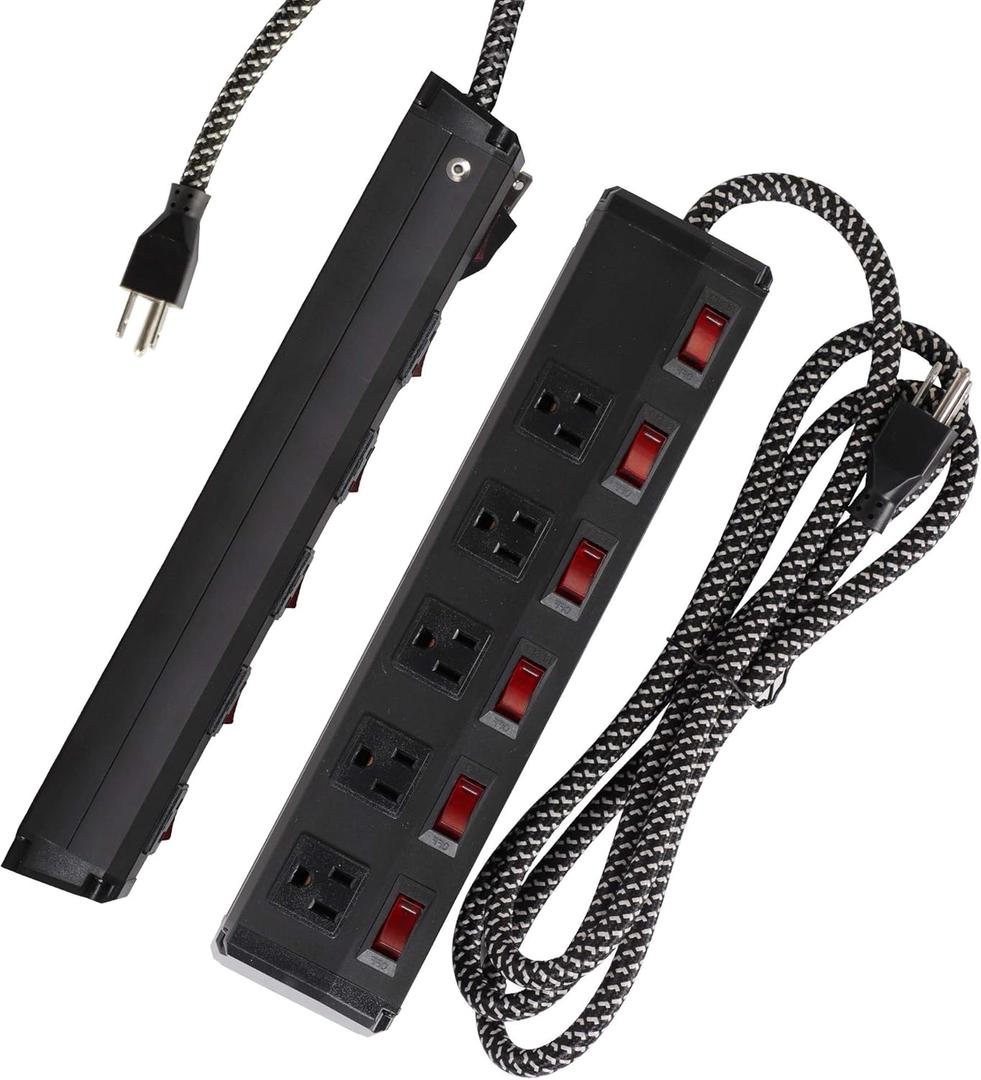 2 Pack 5 Outlets Mountable Power Strip Surge Protector,6 ft Extension Cord Long Metal Power Strip with 6 Switches,for Workshop/Bench Garage,15A/1800W/300 Joules