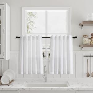 White Kitchen Curtains 30 Inch Length Back Tab Light Filtering Linen Blend Semi Sheer Short Cafe Drape Modern Elegant Boho Style Mini Curtain for Small Window Basement RV Laundry Camper 26x30