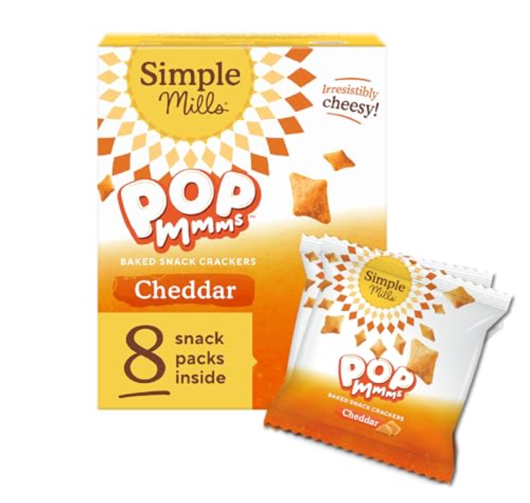 Simple Mills Pop Mmms Cheddar Baked Snack Pack Crackers, Healthy Snacks for Kids, Individual Packs, Gluten Free, 8 Ct (Pack of 1) BB Date 02/22/2026