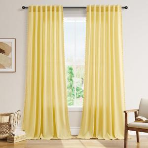 SMABU Yellow Boho Linen Curtains 90 Inches Long 2 Panels Set, Light Filtering Semi Sheer Drapes with Back Tab & Rod Pocket, Tassel Decor for Bohemian Farmhouse Living Room, Bedroom, 52x90