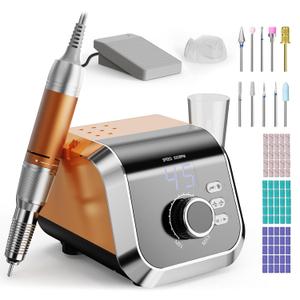 Professional Nail Drill with Foot Pedal, Nail E File 45000 RPM Speed, Electric Nail Filer for Acrylic Nails, F/R Rotation, 65W Power, Quite Nail Drill Machine for Women Orange
