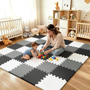PIGLOG Baby Play Mat For Floor, Soft Foam Floor Tiles for Kids, Adjustable Interlocking Foam Tiles, Fit with 74x74 Playpen Baby Mat for Crawling & Play, Safe & Non-Toxic PlayMat for Babies 6-12 Months, 36 PCS
