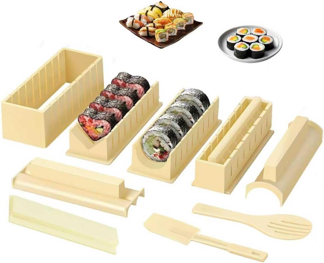 Sushi Making Kit, Sushi Maker 10 Pcs Plastic Sushi Tool Set Sushi Rice Roll Mold Shapes, DIY Sushi Roller Tool for Home (Beige)