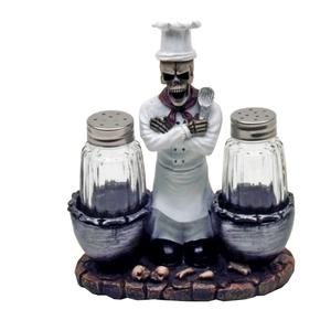 Decorative Salt and Pepper Shakers Set - Resin Skeleton Chef Figurine And Statues - Farmhouse Kitchen DéCor with Glass Spice Jars