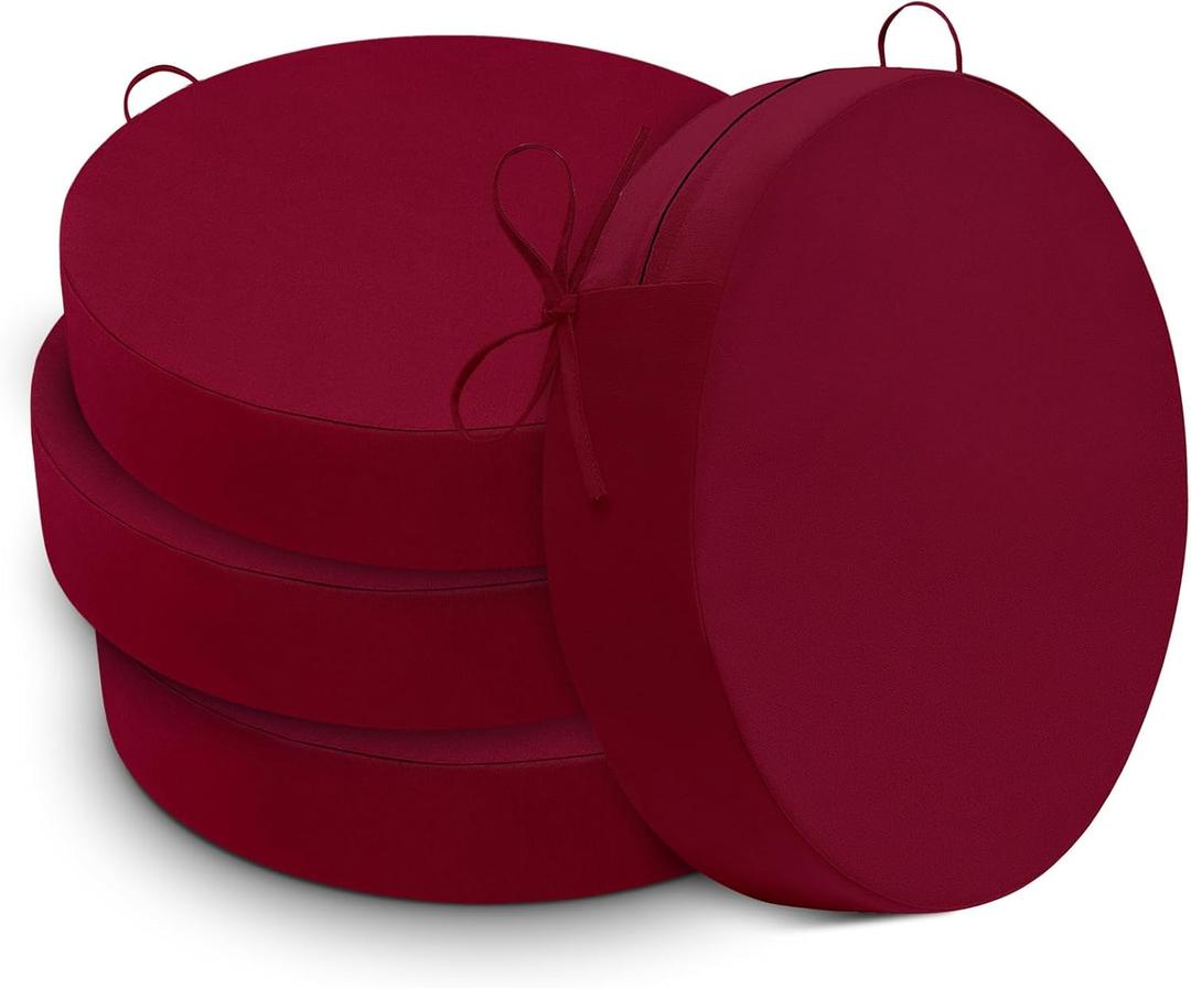 Cozyide Waterproof Outdoor Bistro Chair Cushions with Non-Slip Ties, Thickened Round Outdoor Cushions with Removable Covers, 4 Pack, 15"x15"x3", Burgundy