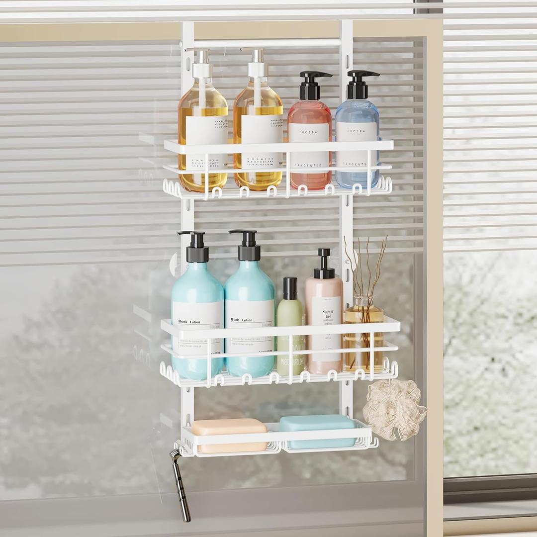 SWTYMIKI Over The Door Shower Caddy - 3 Tier Rustproof Hanging Shower Organizer with Adjustable Shelves, 28 Hooks & Soap Holder, Hanging Shower Rack Storage for Bathroom Accessories, White