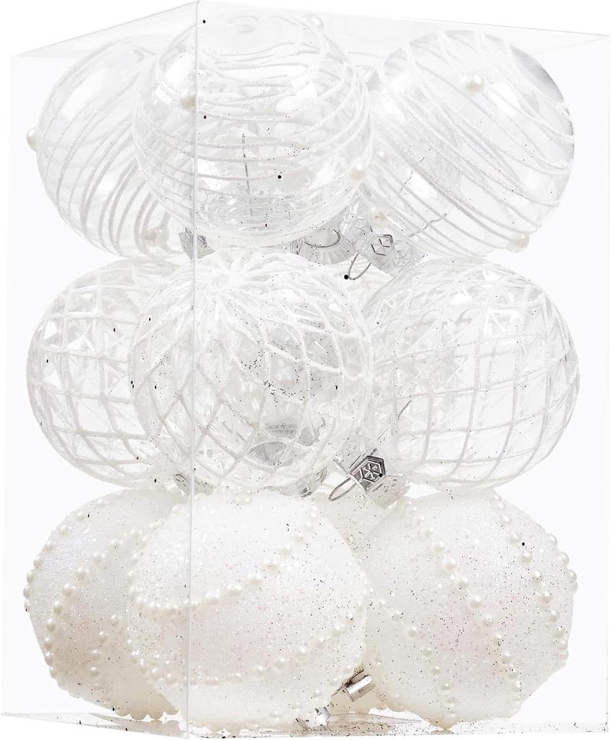 12CT Christmas Ball Ornaments White Shatterproof Clear Large Plastic Christmas Tree Decoration, Delicate Hanging Ornaments for Xmas Party, Wedding, Holiday and Home Dcor(70mm/2.76")