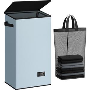 SOLEDI Laundry Hamper with Lid 100L Large & Tall Collapsible Laundry Basket, Clothes Hamper with Bag Removable Easy to Carry, Dirty Hampers for Bedroom, Bathroom, Dorm, College, Blue Grey