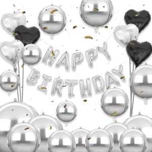 Silver Birthday Decorations with 16pcs Large 4D Foil Balloons in Different Size (10-50 Inch) + 6pcs 18" Heart Balloons + 16 Happy Birthday Banner for Bday, Wedding Bridal Decoration (Silver)