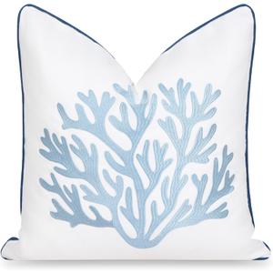 Hofdeco Premium Coastal Patio Indoor Outdoor Throw Pillow Cover Only, 20"x20" Water Repellent for Backyard, Couch, Navy Baby Blue Embroidered Sea Life Coral with Piping