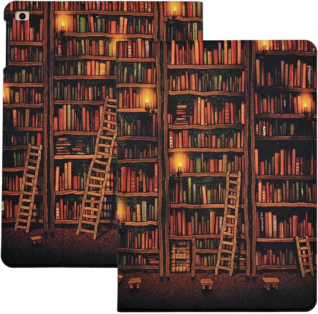 Rotating Case for iPad 9th Generation 8th 7th 10.2 Inch 2021/2020/2019, Premium PU Leather Stand Shell Soft TPU Back Cover with Auto Sleep/Wake, Vintage Library Bookshelf