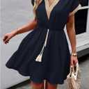 SOLY HUX Women's Lace V Neck Fringe Trim Short Dress Short Sleeve Flowy A Line Summer Casual Dresses (Black, S)