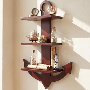 Pinkunn Solid Wood 3 Tier Wooden Nautical Wall Shelf, Handcrafted 24" H Anchor Floating Shelves, Heavy Duty Nautical Wall Mounted Organizer for Bedroom, Living Room, Lake House, Bathroom