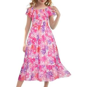 GRACE KARIN Girls Floral Dress Flutter Sleeve Square Neck Tiered Midi Dress Smocked Flared A-line Dress, Size 10Y