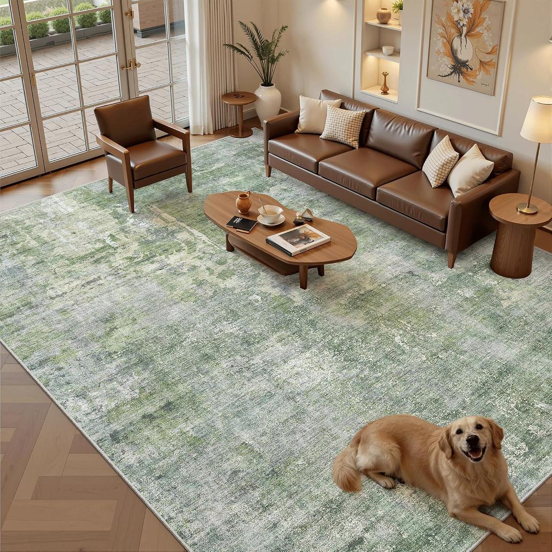 Soalmost Abstract Rug 8x10 Large Living Room Rugs Neutral Modern Washable Area Rugs for Bedroom Dining Room Non-Slip Stain Resistant Foldable Thin Rug Green