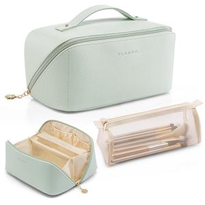 Vlando Makeup Bag,Travel Makeup Bag Waterproof Portable Cosmetic Bag PU Leather Open Flat Make up Organizer for Toiletries,Gifts for Teen Girls Women(Mint Green)