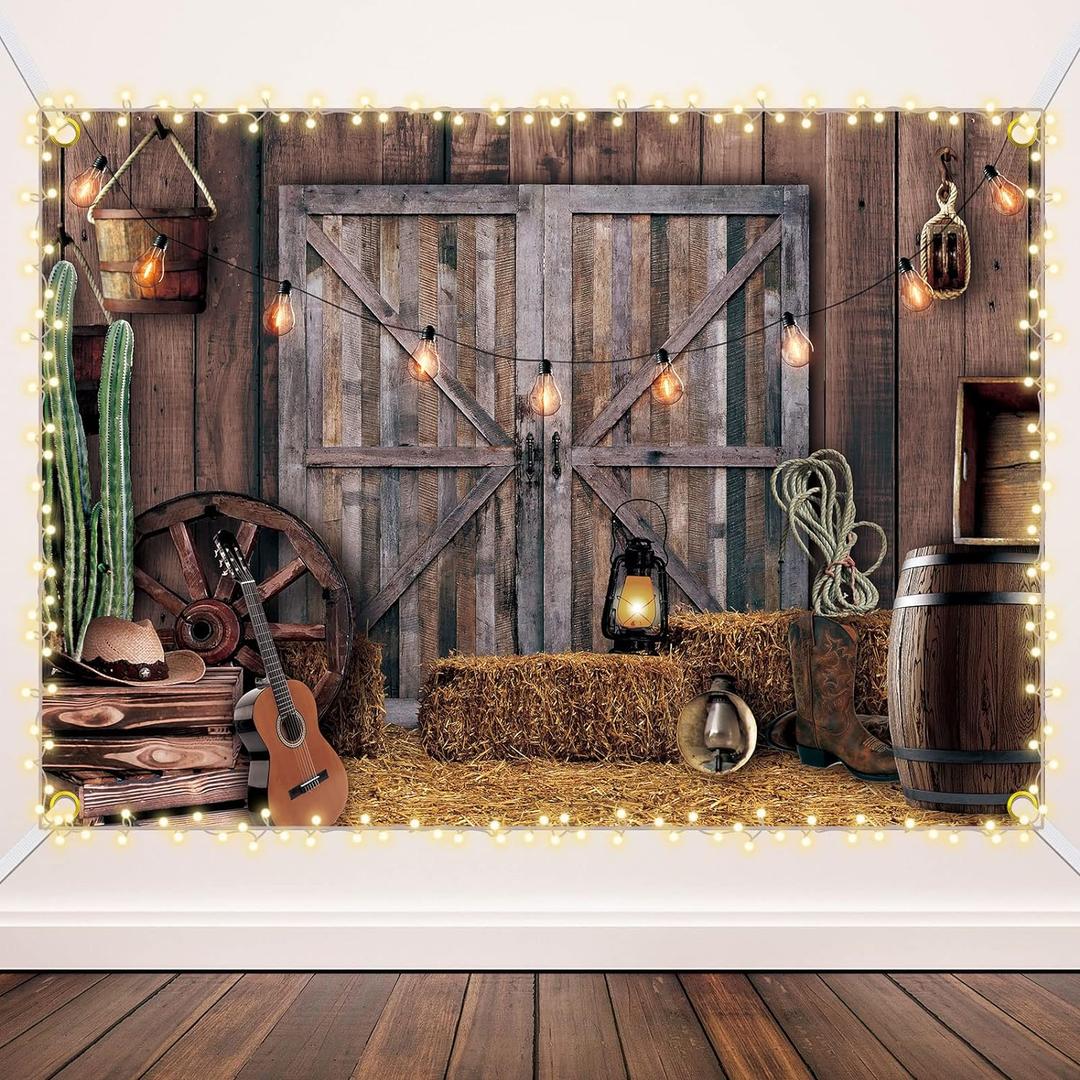 Moukeren 13 x 6 ft Western Party Backdrop Western Cowboy Party Decoration Wild West Decor Wooden House Barn Photo Background for Birthday Wedding Supply