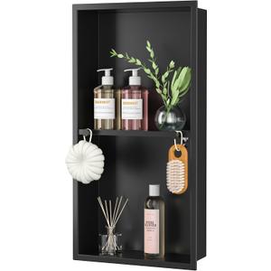 Stainless Steel Shower Niche w/Hooks, Wall Vertical Niche Without Tiling, Recessed Shower Shelf for Bathroom Storage, Over-Mount Installation (Black, 12'' x 24'')